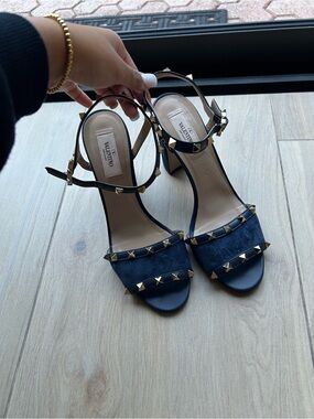 Valentino Garavani Navy Suede Rockstud Block Heels